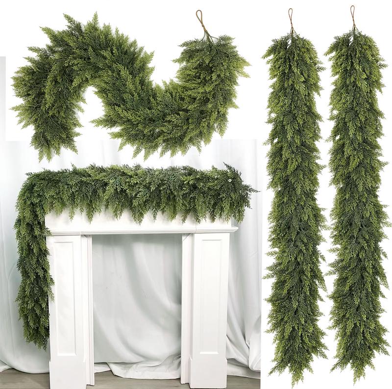 6 FT 2 Pcs Artificial Cedar Garlands, Real Touch Winter Cedar Garland for Table, Mantle, Wall, Indoor, Outdoor Christmas Decorations