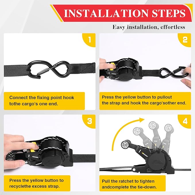 Auto-Retractable Ratchet Tie Down Straps  - 1,500 lb- 3.3M