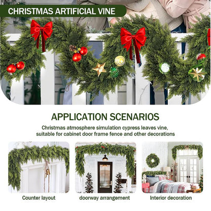 6 FT 2 Pcs Artificial Cedar Garlands, Real Touch Winter Cedar Garland for Table, Mantle, Wall, Indoor, Outdoor Christmas Decorations