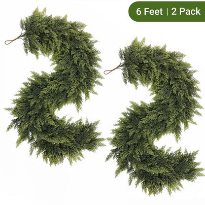 6 FT 2 Pcs Artificial Cedar Garlands, Real Touch Winter Cedar Garland for Table, Mantle, Wall, Indoor, Outdoor Christmas Decorations