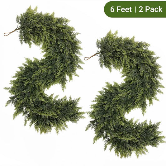 6 FT 2 Pcs Artificial Cedar Garlands, Real Touch Winter Cedar Garland for Table, Mantle, Wall, Indoor, Outdoor Christmas Decorations